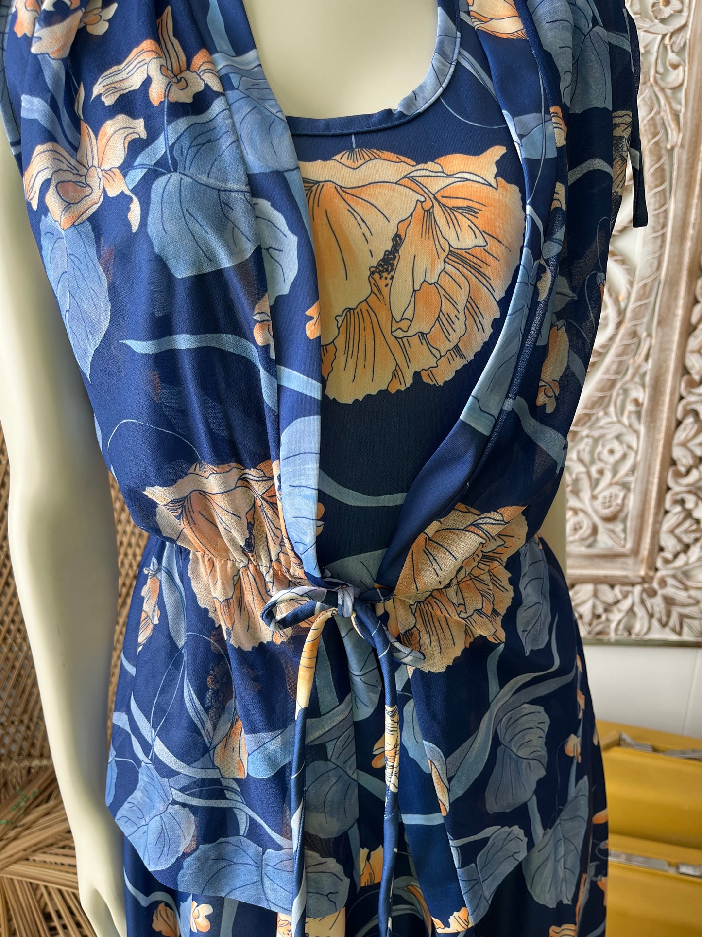 Vintage 70s Slinky Sheer Gathered Orchid Floral Dress and Jacket