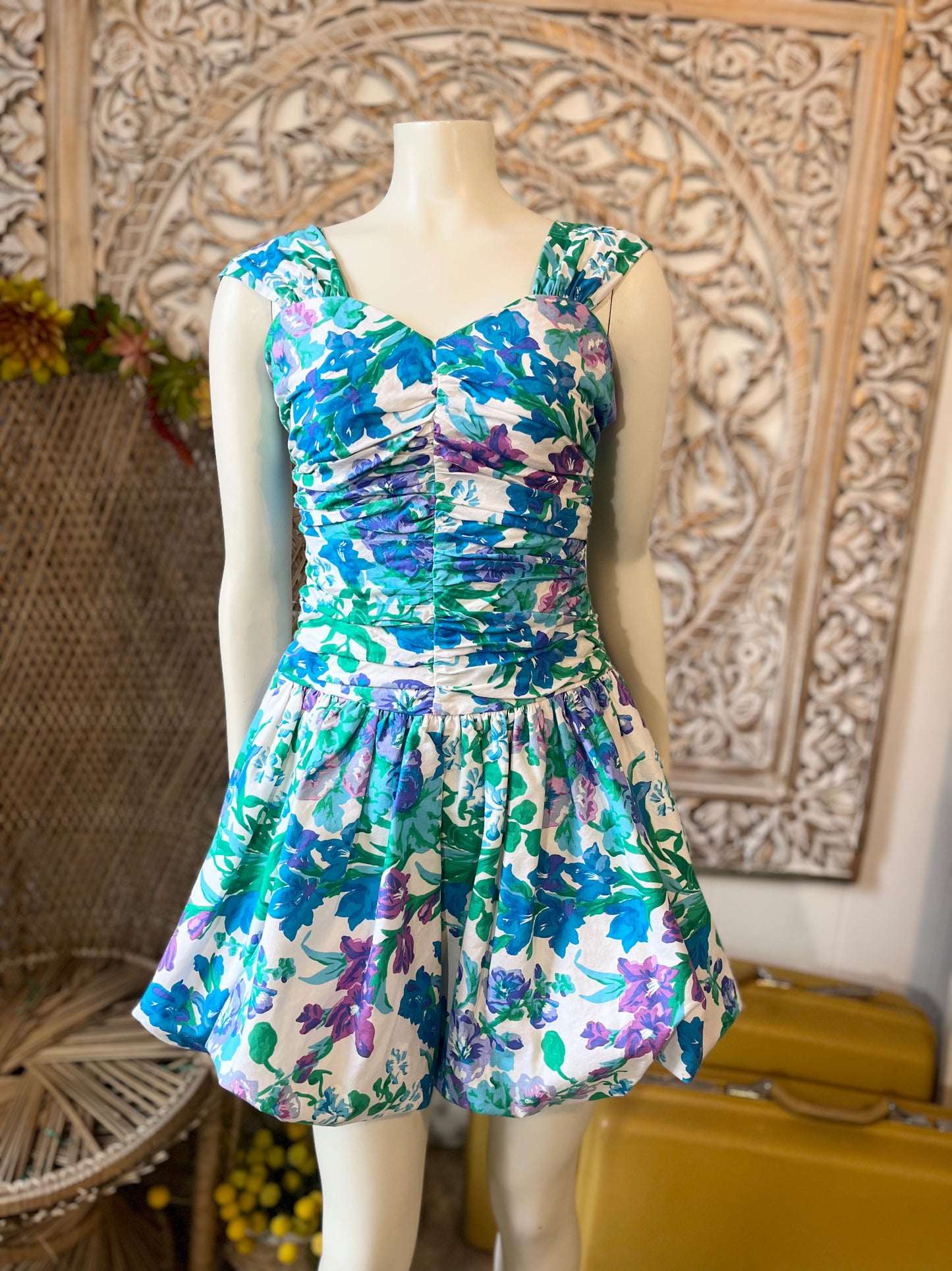 Vintage 80s Ruched Floral Bubble Hem Mini Dress S/M