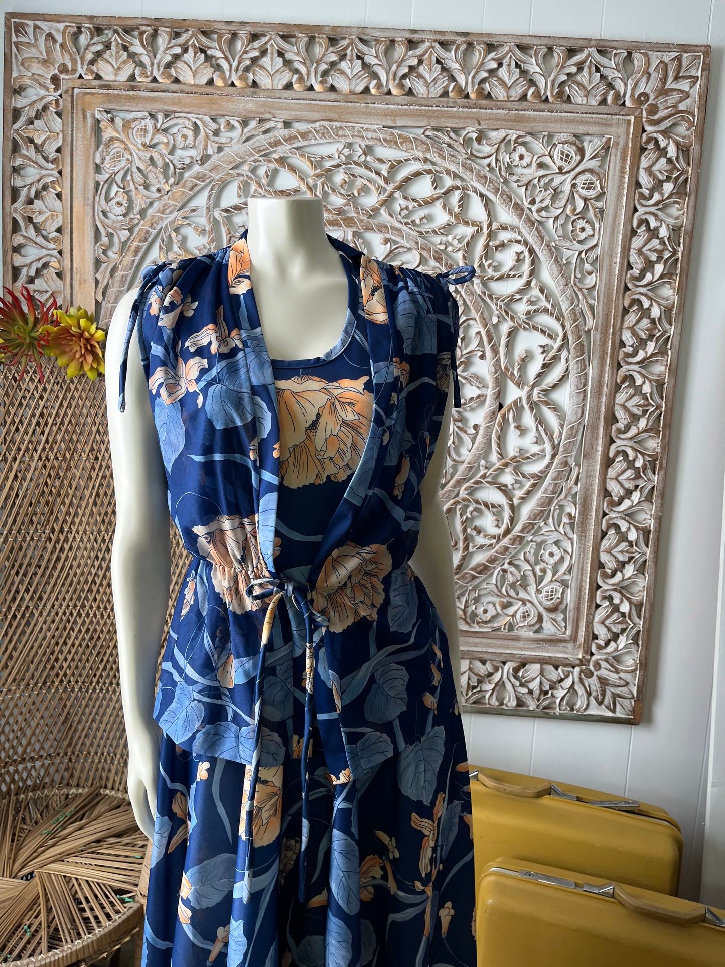 Vintage 70s Slinky Sheer Gathered Orchid Floral Dress and Jacket