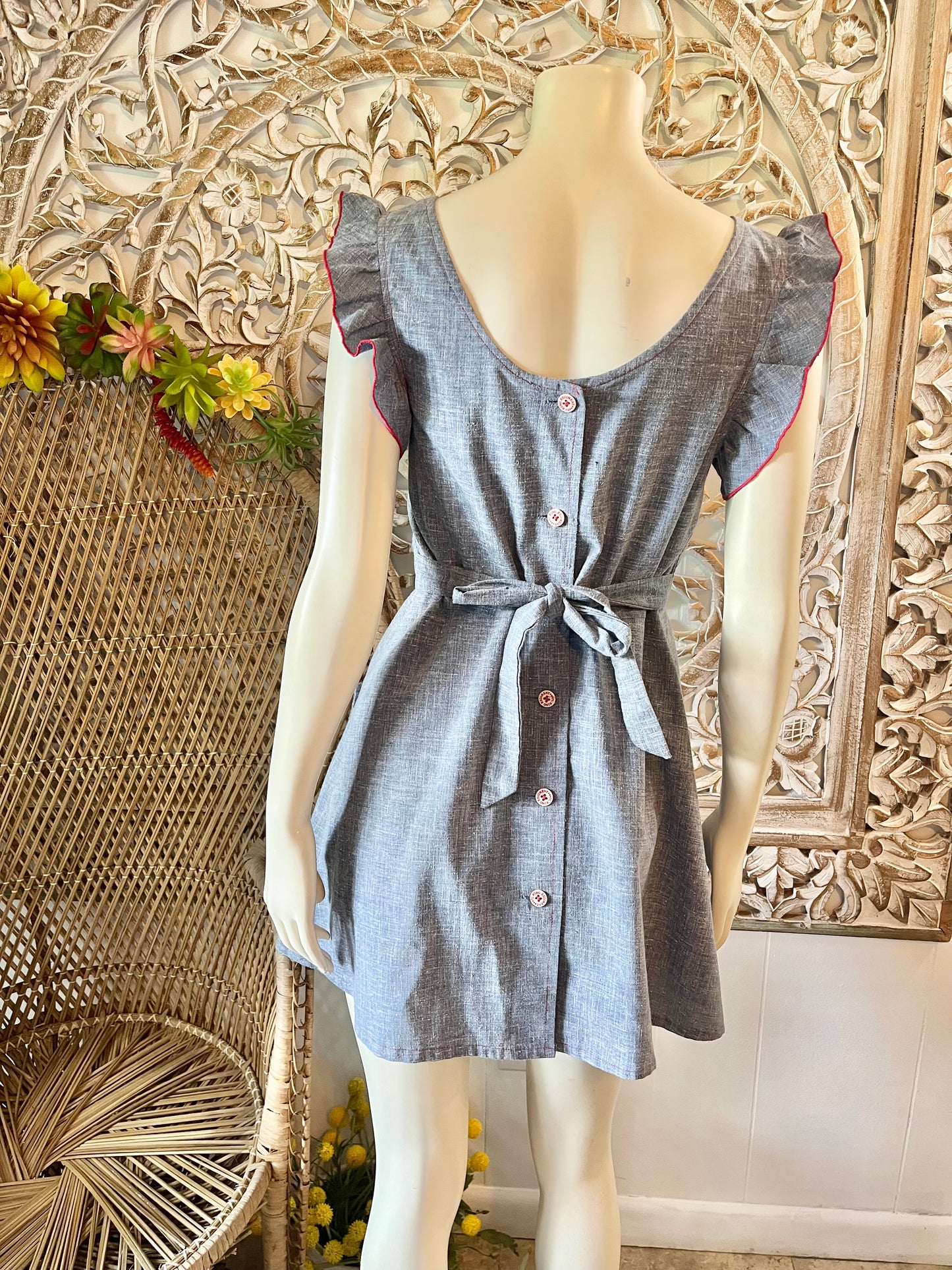 Vintage 70s Hippie Blue Chambray Ruffle Sleeve Mini Dress XS