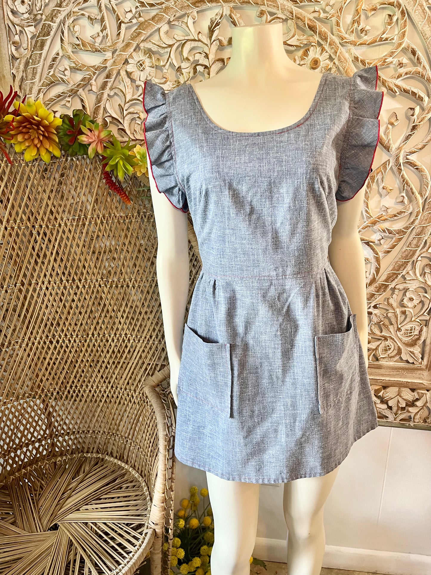 Vintage 70s Hippie Blue Chambray Ruffle Sleeve Mini Dress XS