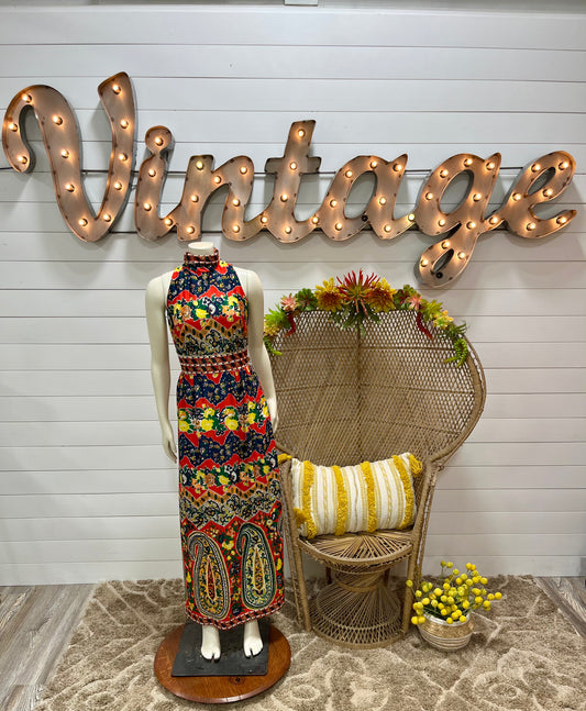 Vintage 70s Paisley Colorful High Collar Psychedelic Maxi Dress XS/S