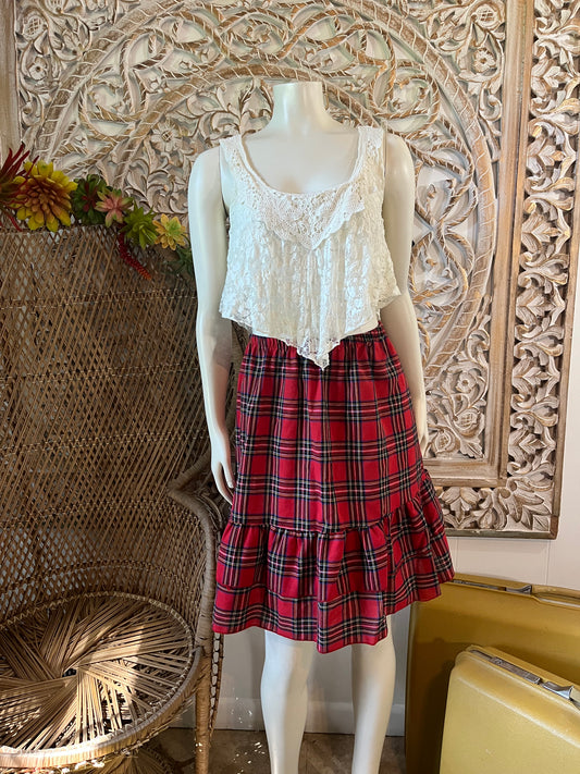 Vintage 80s Plaid Tartan Red Ruffle Mini Skirt XL