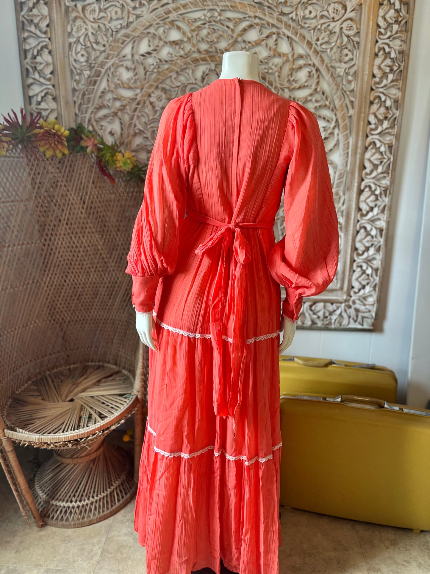 70s Gunne Sax Style Gauzy Jody T Lace Hippie Maxi Dress S