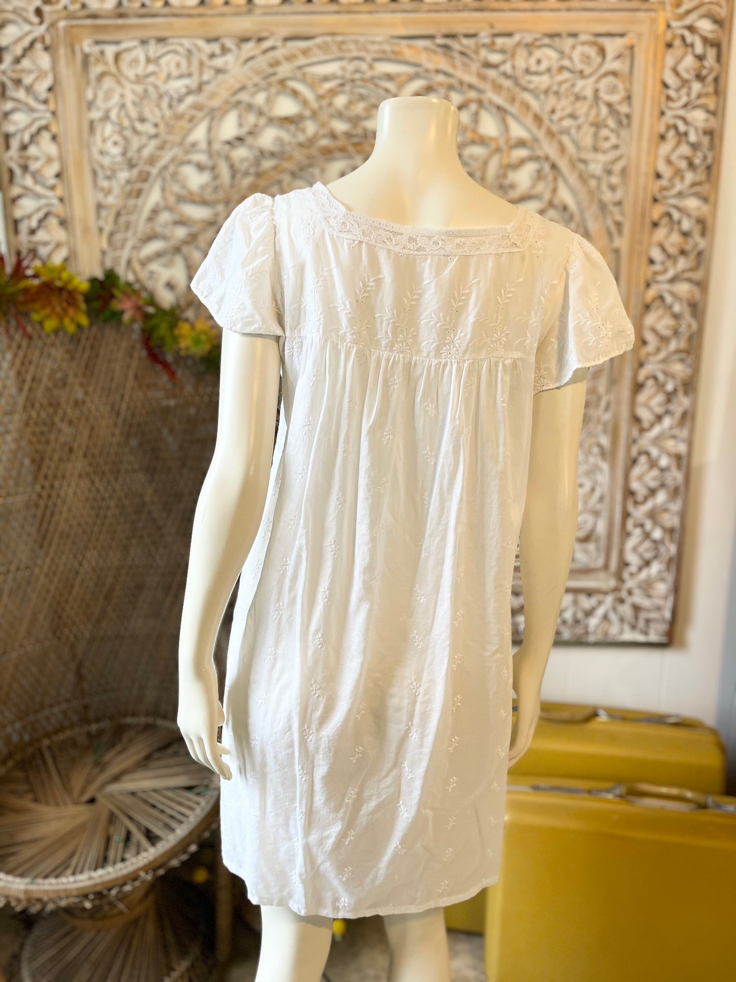 Vintage 70s French Sewn Flutter Sleeve Gown Mini Dress L