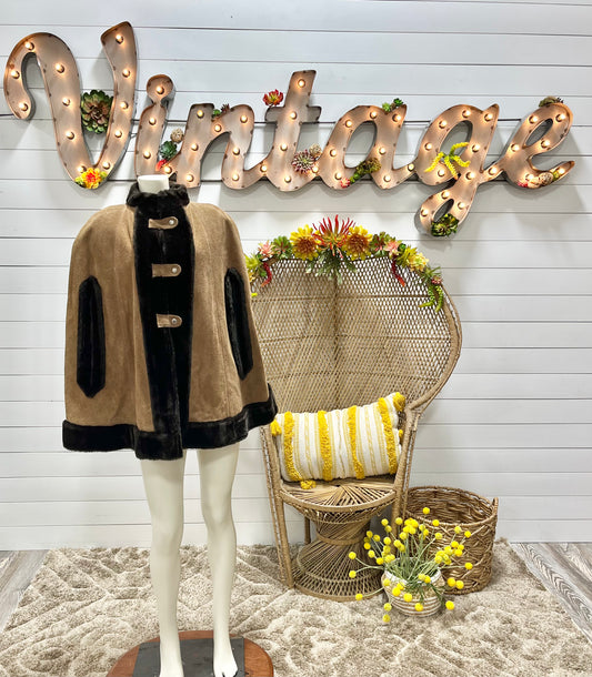 1970s Suede Poncho Faux Fur Leather Hippie Cape 60s Boho