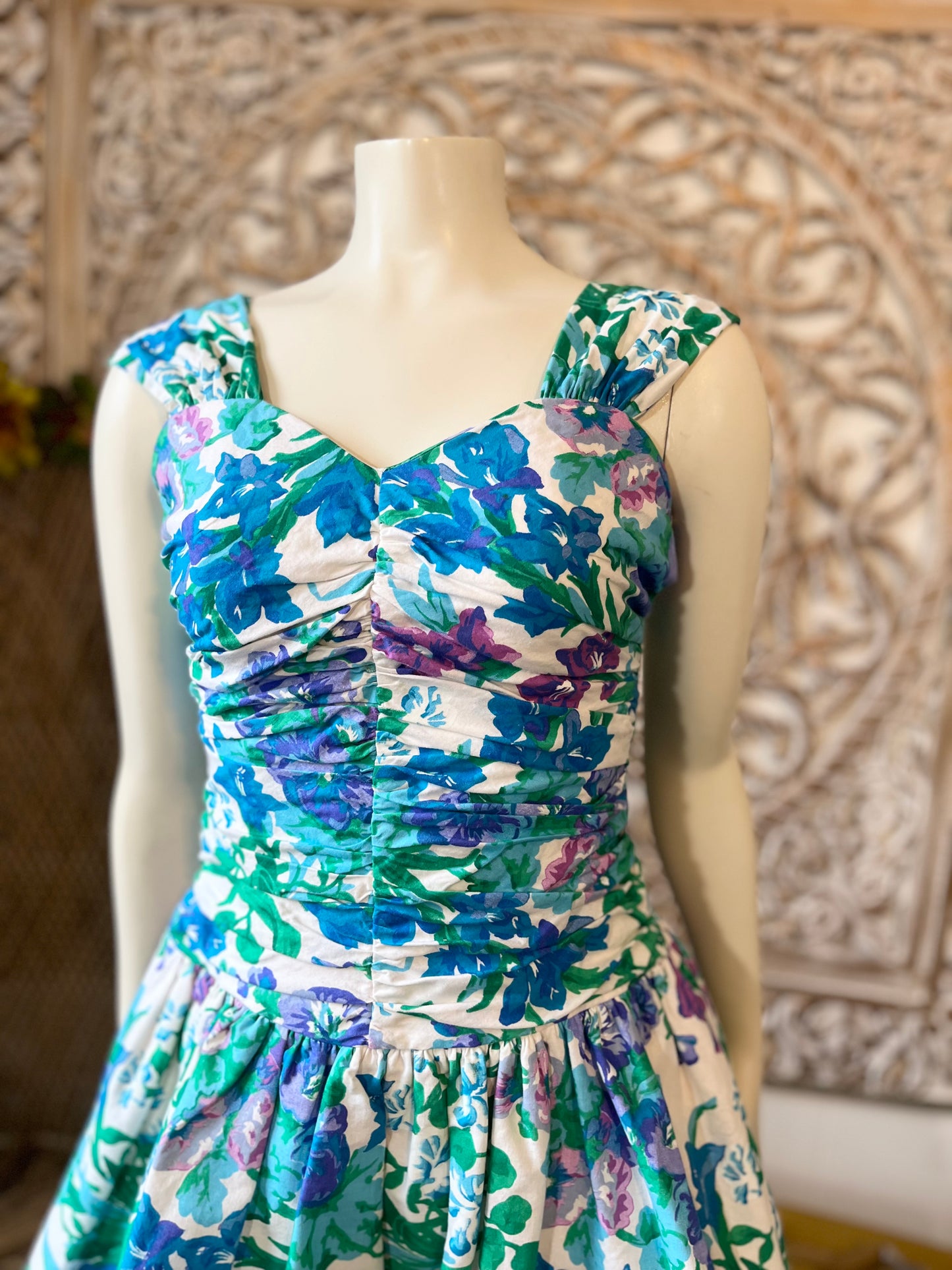 Vintage 80s Ruched Floral Bubble Hem Mini Dress S/M