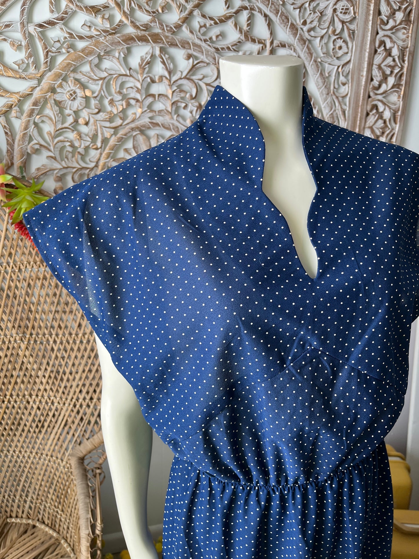 Vintage 70s Polka Dot Cap Sleeves Sheer Nautical Midi Navy Dress