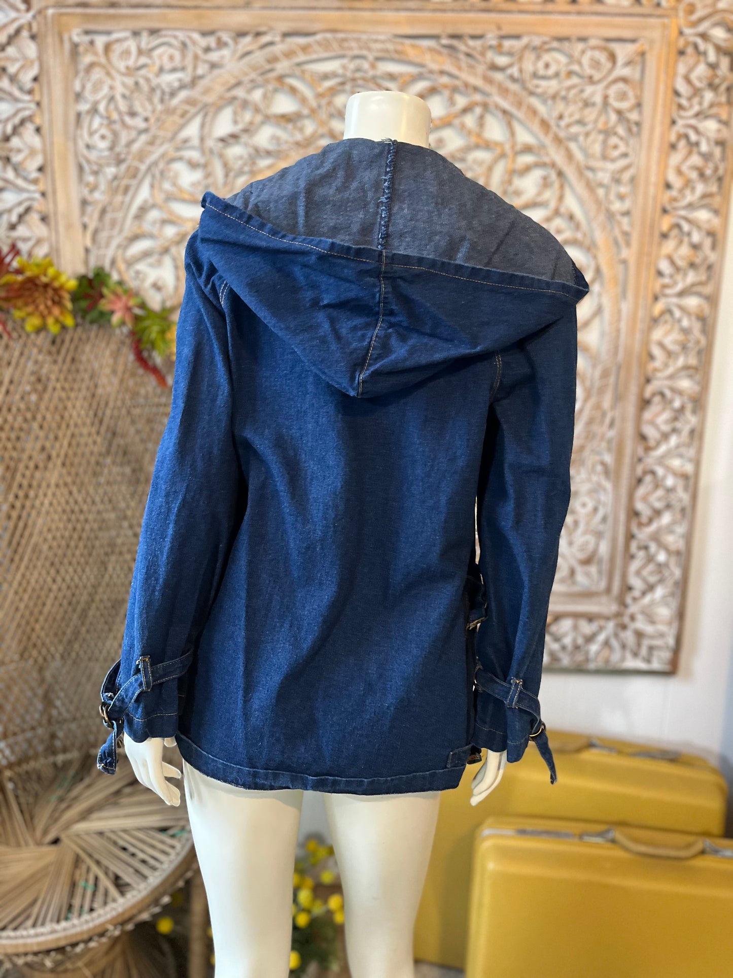 Vintage 70s Denim Hooded Buckle Sleeve Jacket L
