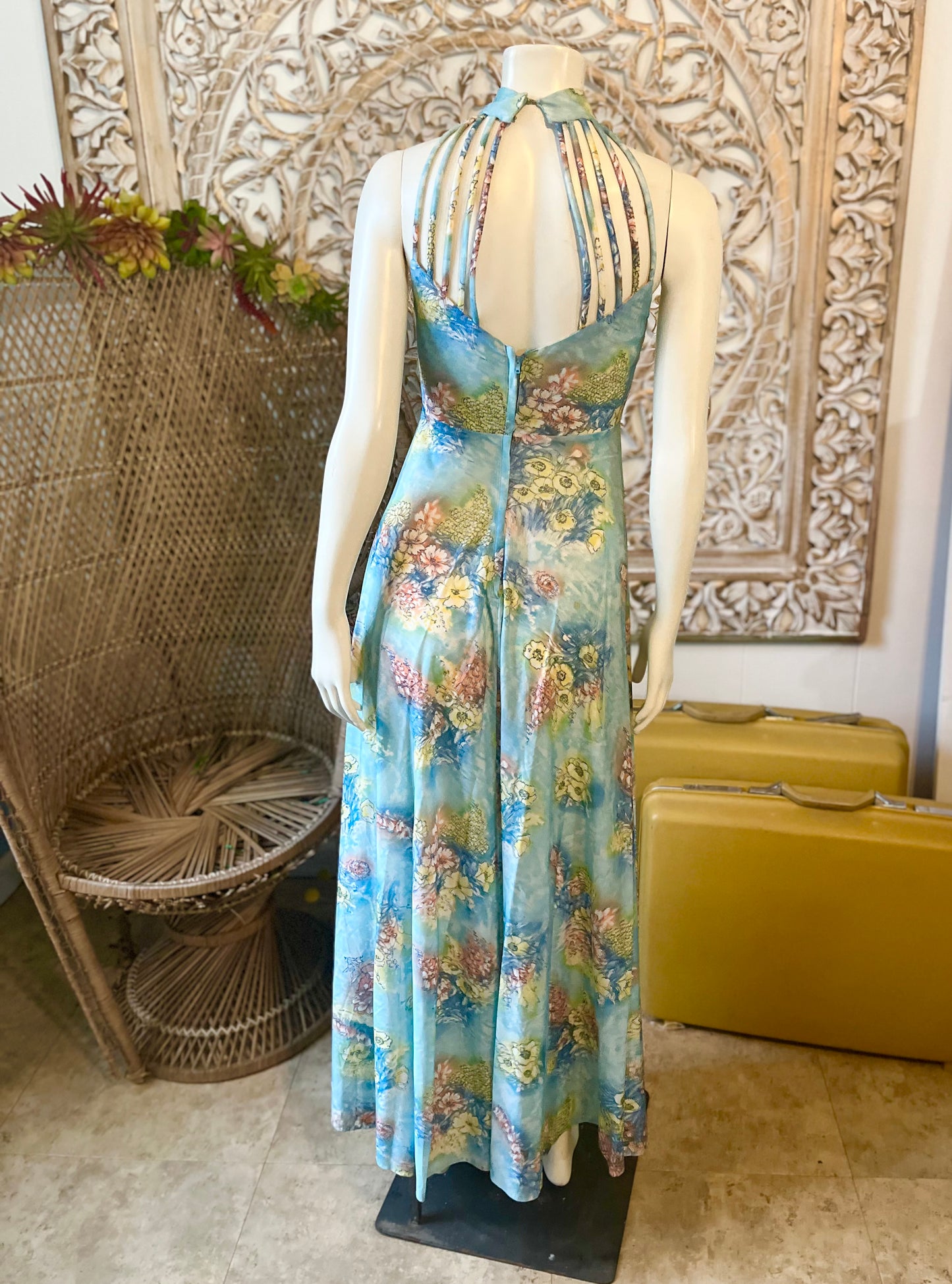 Vintage 70s Blue Floral Cage Top Empire Maxi Dress XS