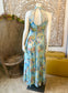 Vintage 70s Blue Floral Cage Top Empire Maxi Dress XS