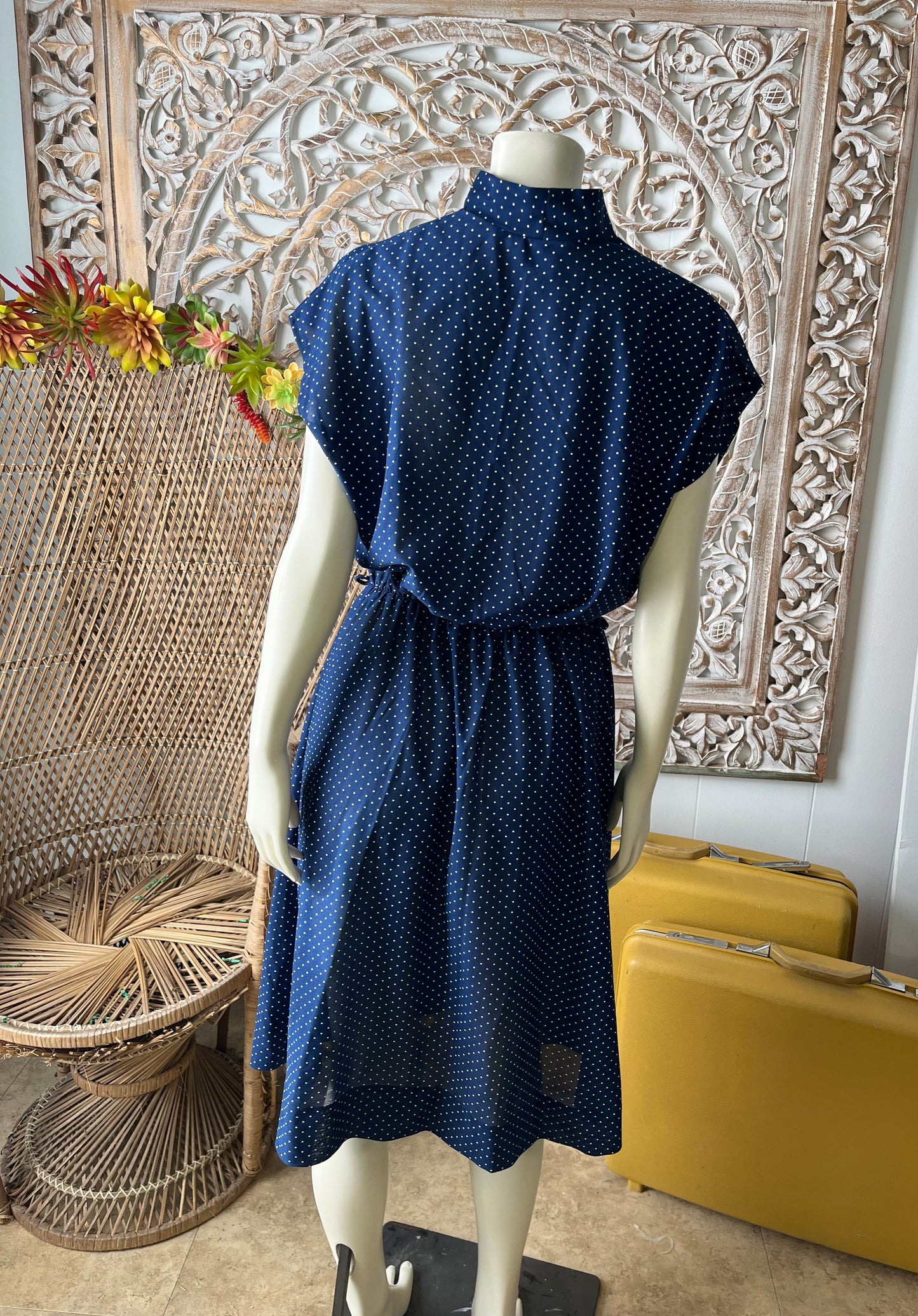 Vintage 70s Polka Dot Cap Sleeves Sheer Nautical Midi Navy Dress