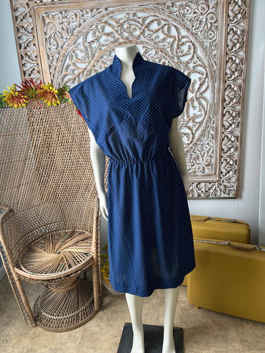 Vintage 70s Polka Dot Cap Sleeves Sheer Nautical Midi Navy Dress
