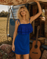 70s Pleated Lace Sexy Blue Empire Mini Vintage Dress XS/S