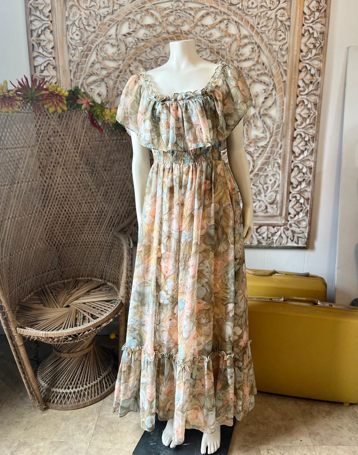 Vintage Dress 70s Candi Jones Muted Floral Smocked Empire M