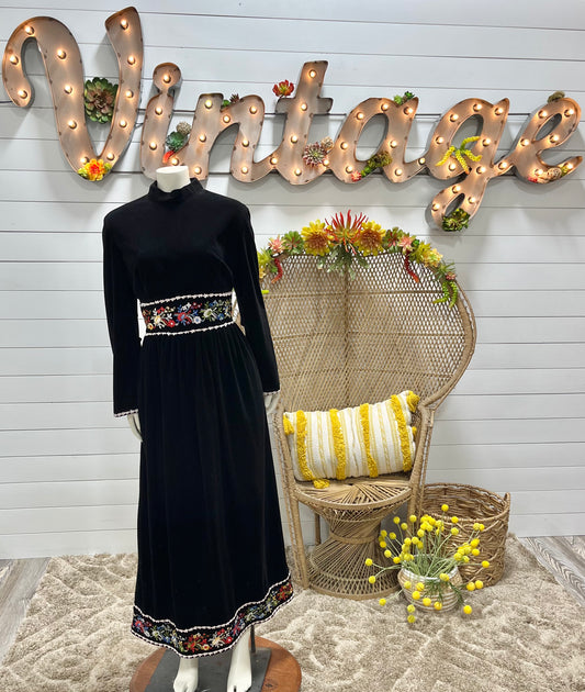 70s Velour Embroidered Floral Boho Vintage Black Dress