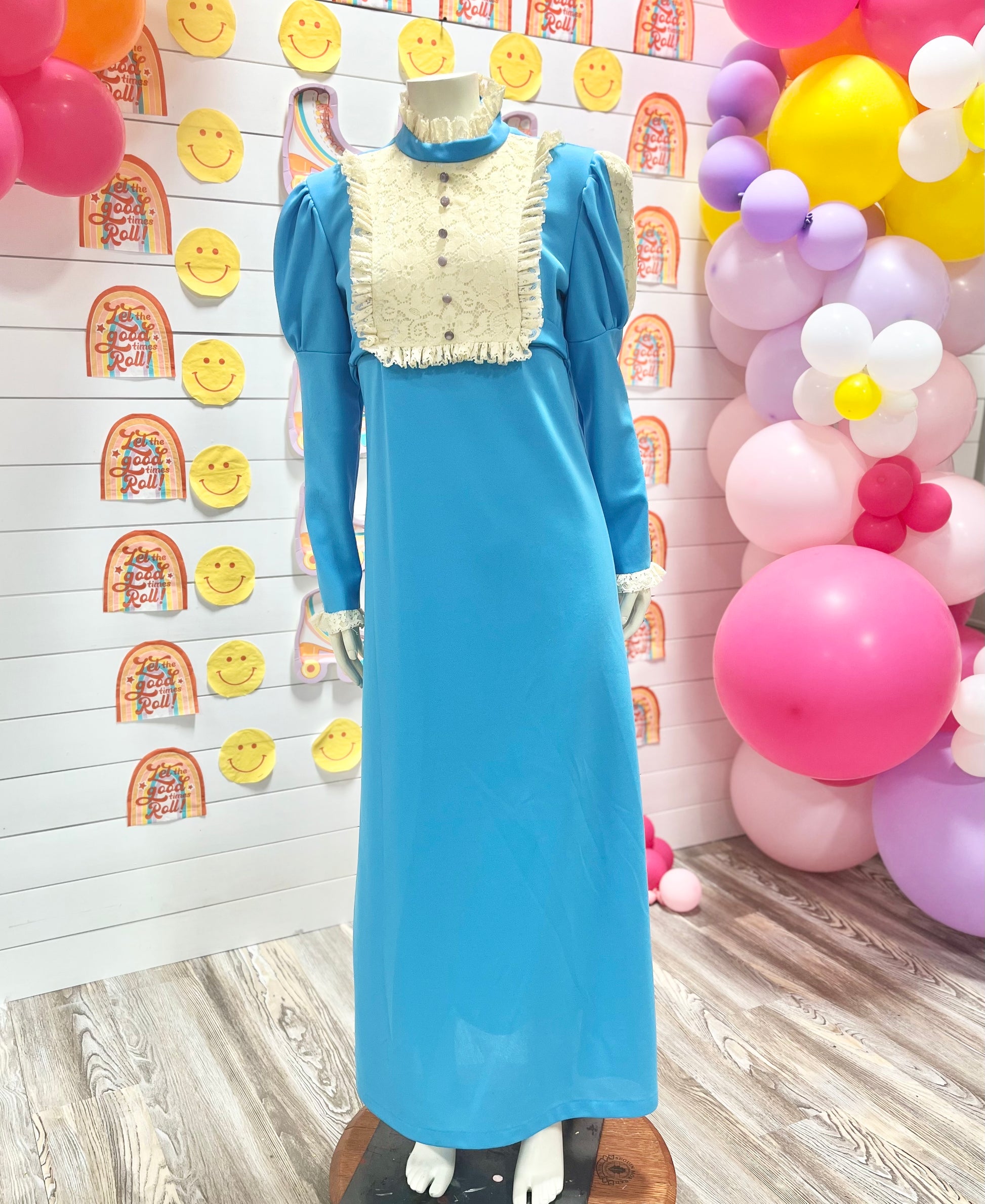 Vintage 70s Leg of Mutton Lace Cottage Core Bib Blue Maxi Dress M rollwithitvintage Vintage 70s Leg of Mutton Lace Cottage Core Bib Blue Maxi Dress M rollwithitvintage