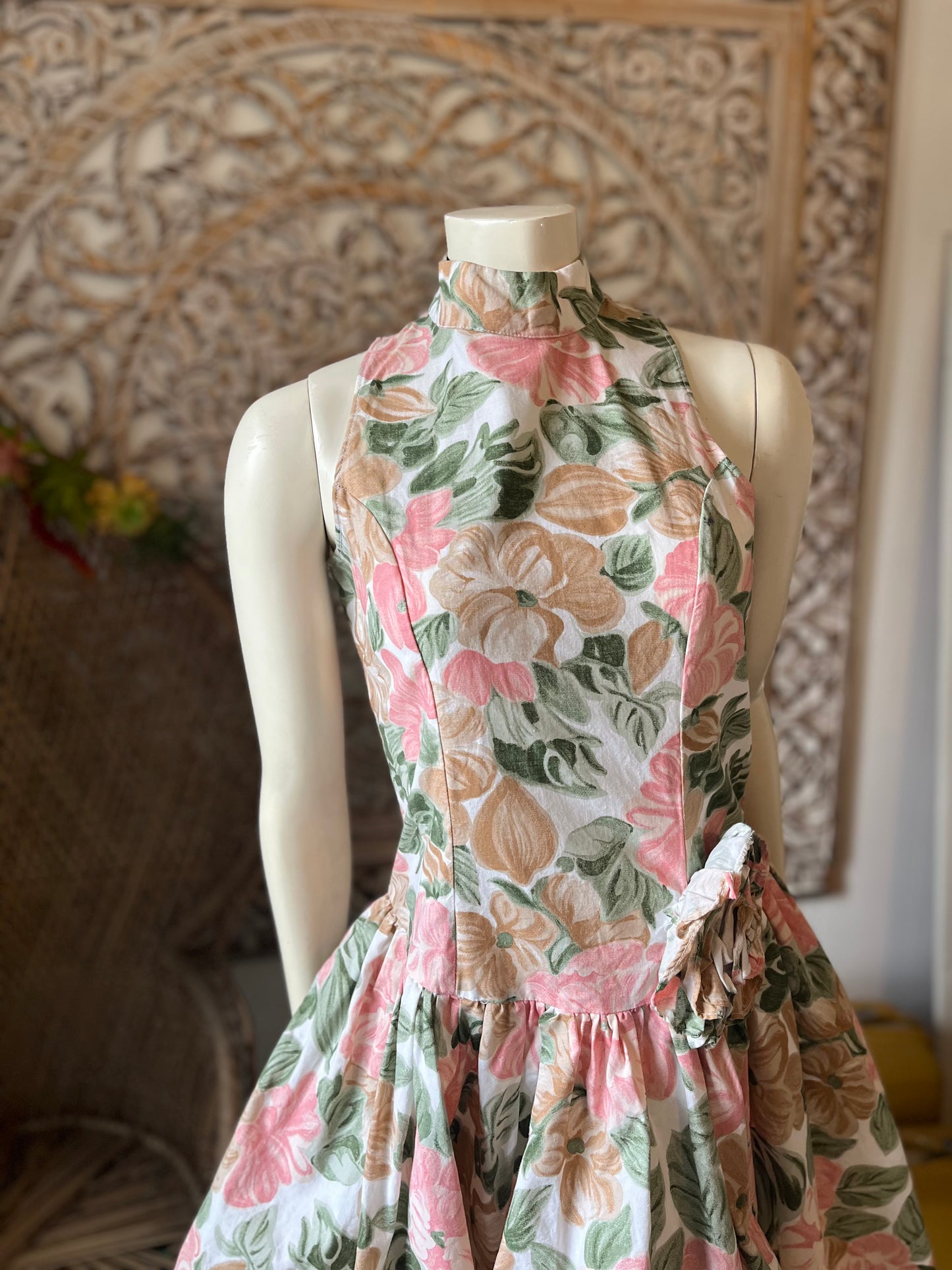 Vintage Dress 1980s High Low Rose Floral Mini M