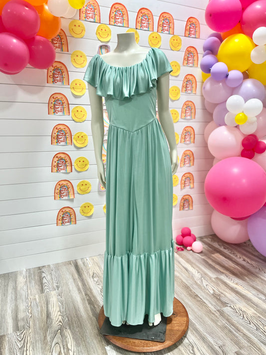 70s Light Green Flowing Bohemian Ruffle Slinky Maxi Dress