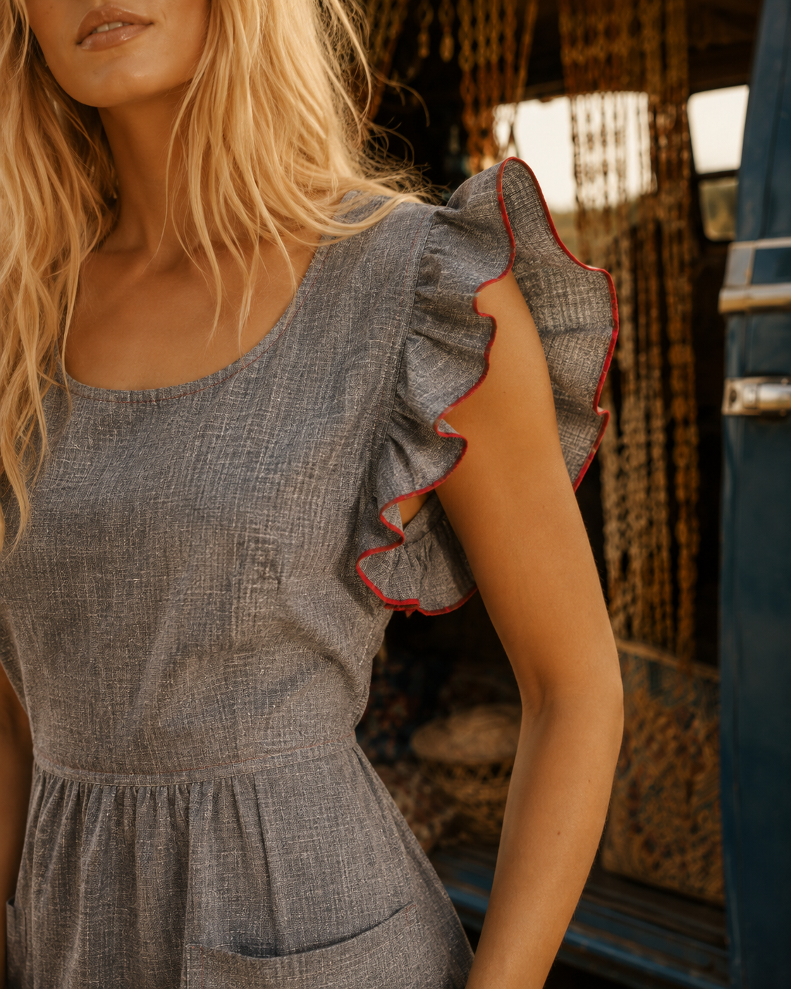 Vintage 70s Hippie Blue Chambray Ruffle Sleeve Mini Dress XS