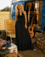 Vintage 70s Black Ruffled Climax Hippie Halter Maxi Dress XS