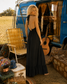 Vintage 70s Black Ruffled Climax Hippie Halter Maxi Dress XS