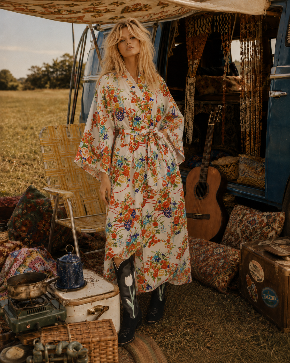 Vintage 70s Asian Floral Print Rickshaw Wrap Kimono Duster