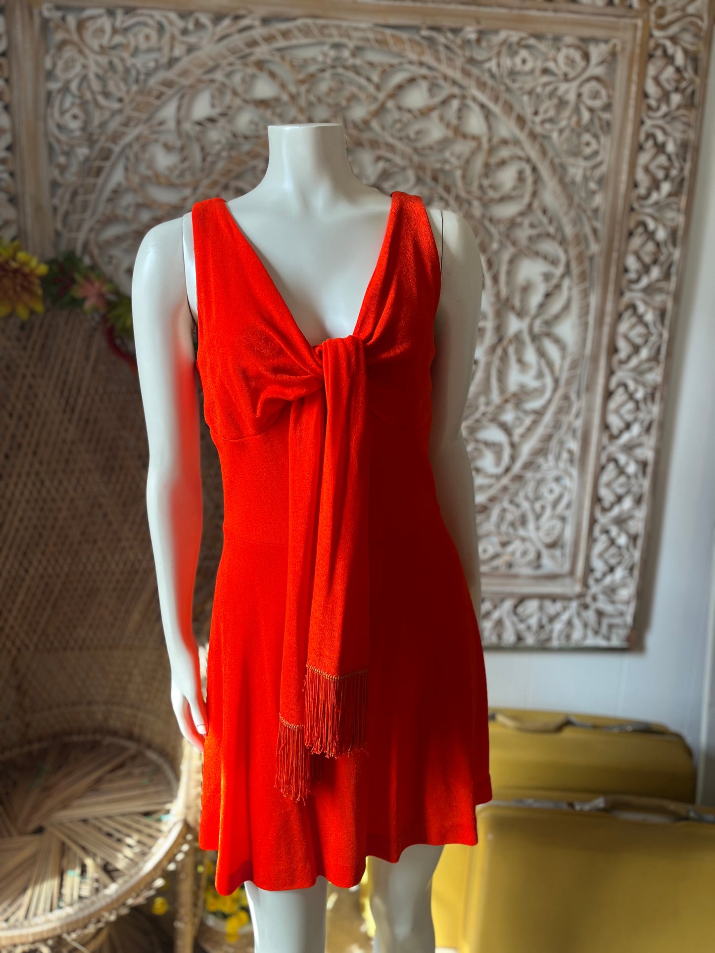 70's Deep Orange Empire Tie Fringe Mini Dress M