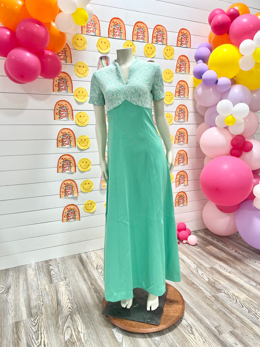 Vintage 70s Lace Rose Mint Green Floral Polyester Maxi Dress S