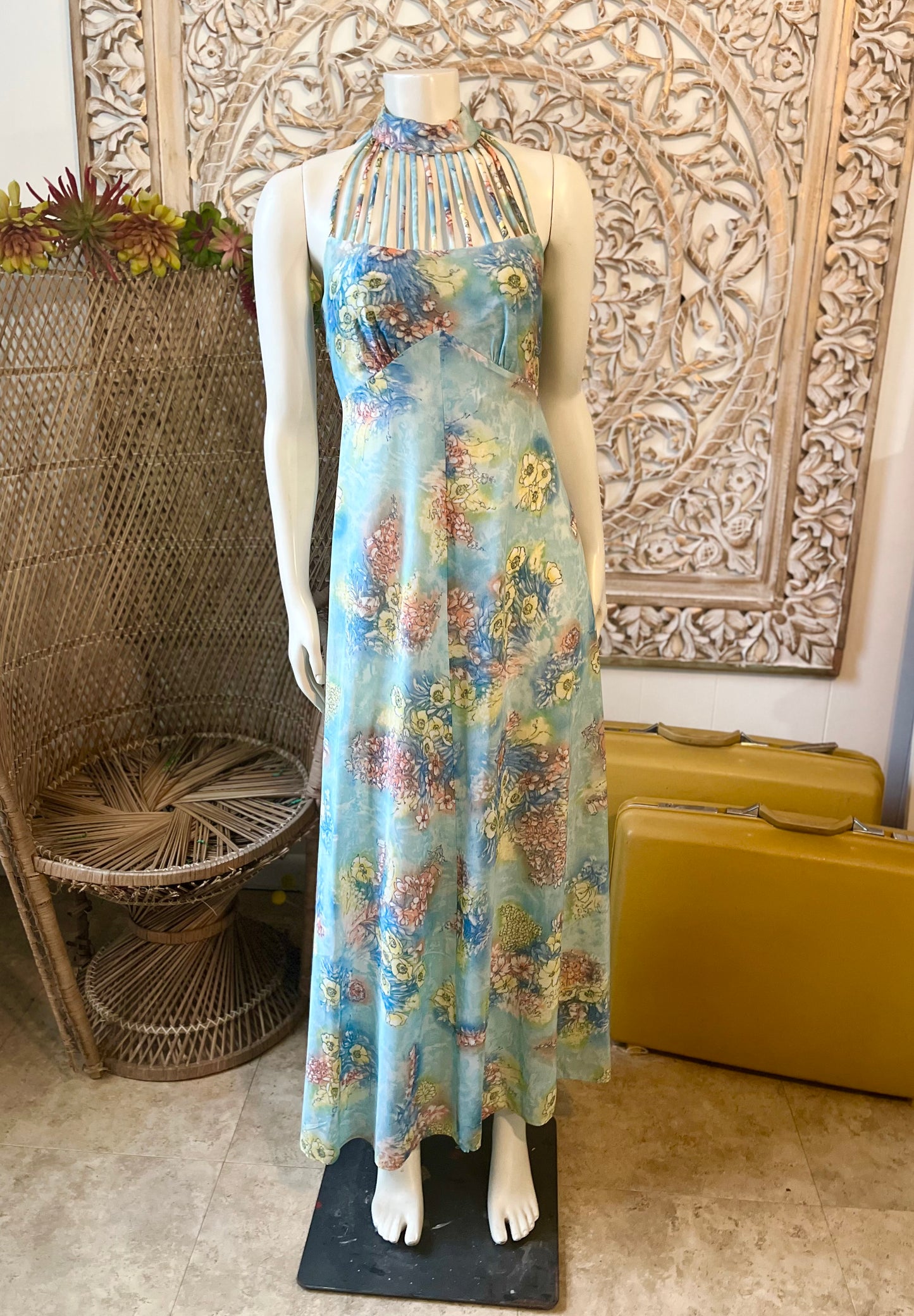 Vintage 70s Blue Floral Cage Top Empire Maxi Dress XS