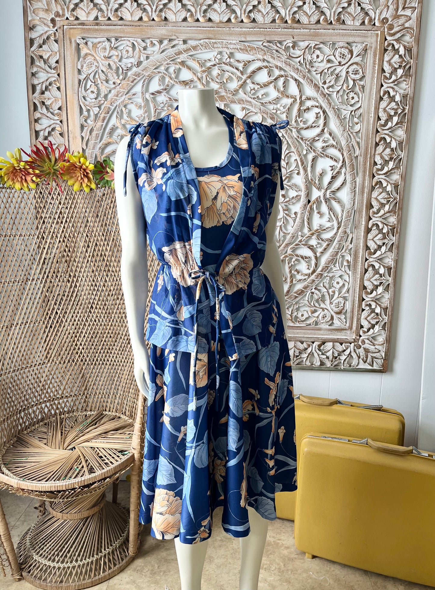 Vintage 70s Slinky Sheer Gathered Orchid Floral Dress and Jacket