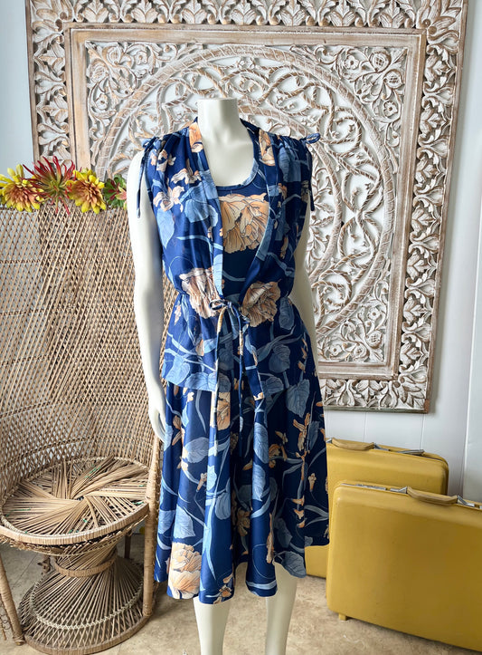Vintage 70s Slinky Sheer Gathered Orchid Floral Dress and Jacket