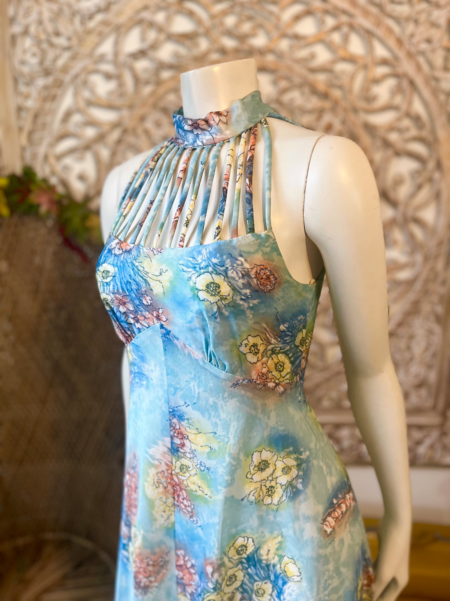 Vintage 70s Blue Floral Cage Top Empire Maxi Dress XS