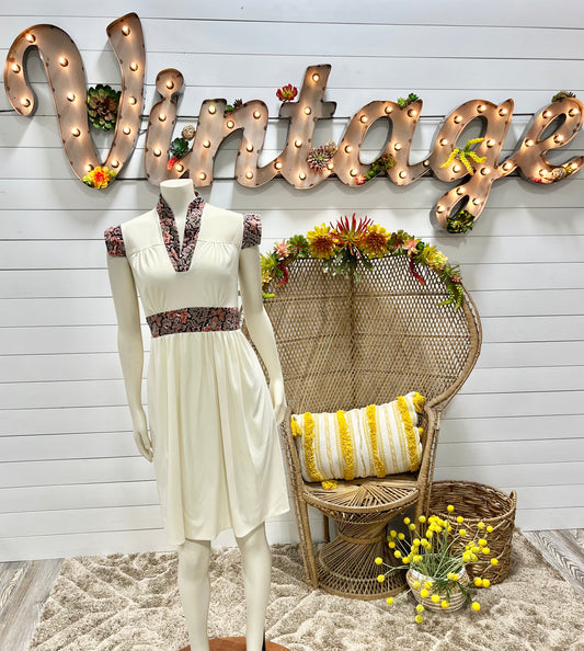 Vintage 70s Wild Floral Banded Waist Bohemian Mini Dress
