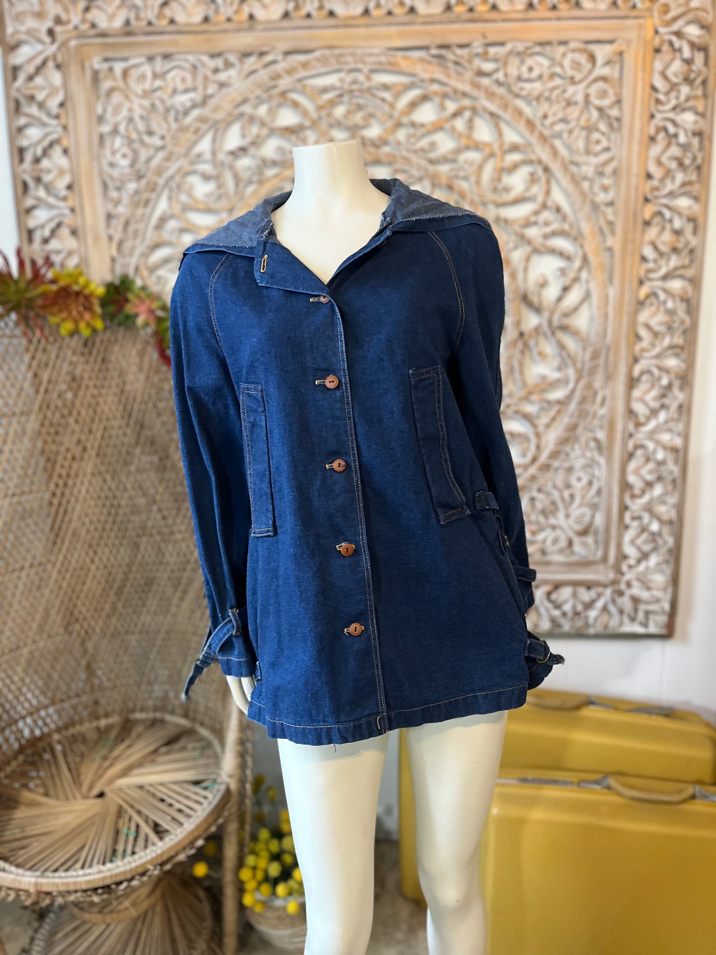 Vintage 70s Denim Hooded Buckle Sleeve Jacket L
