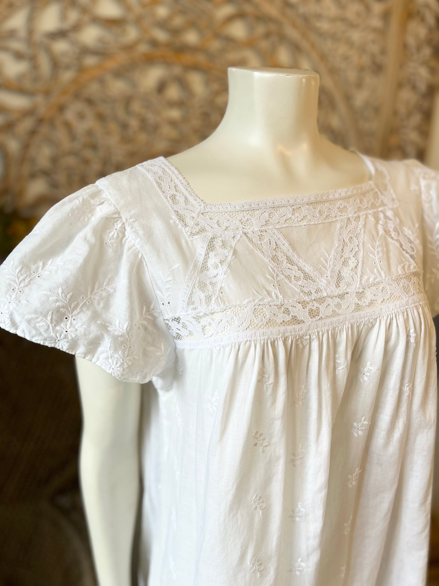 Vintage 70s French Sewn Flutter Sleeve Gown Mini Dress L