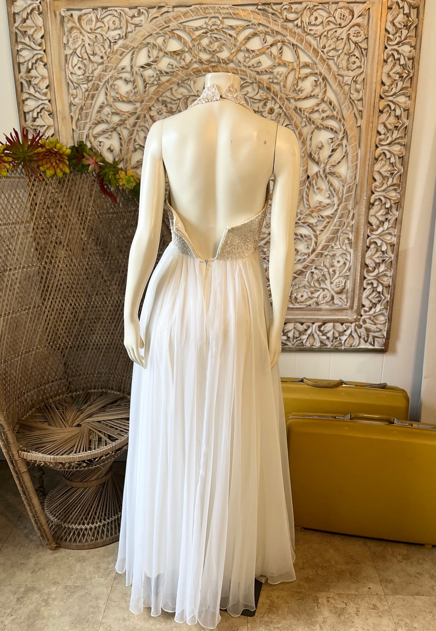 Vintage 70s Mike Benet White Halter Sequin Evening Gown XS