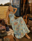 Vintage 70s Blue Floral Cage Top Empire Maxi Dress XS