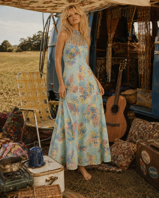 Vintage 70s Blue Floral Cage Top Empire Maxi Dress XS
