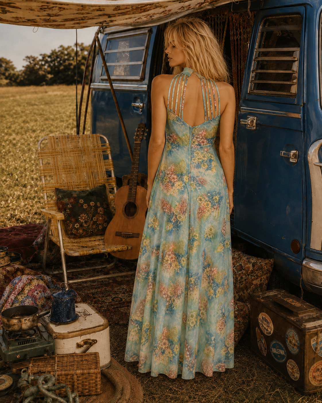 Vintage 70s Blue Floral Cage Top Empire Maxi Dress XS