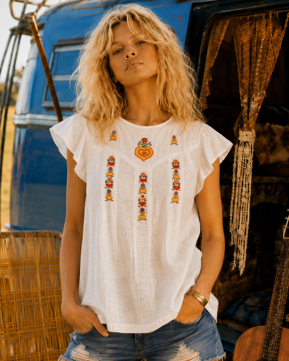 Vintage 70s Hippie Embroidered Flutter Sleeve Smock Top Shirt L