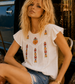 Vintage 70s Hippie Embroidered Flutter Sleeve Smock Top Shirt L