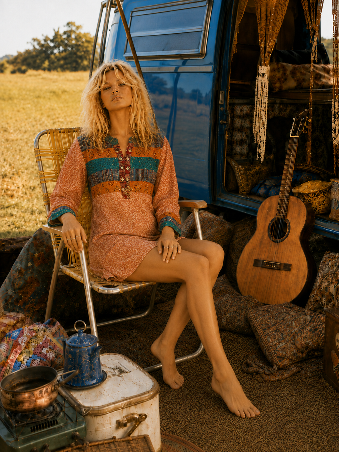 Vintage 70s Ethnic Embroidered Quilted Tunic Mini Dress L