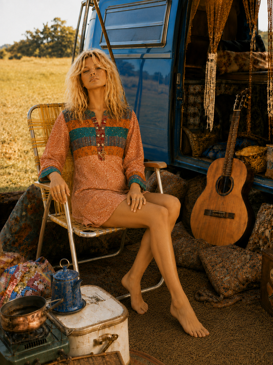 Vintage 70s Ethnic Embroidered Quilted Tunic Mini Dress L