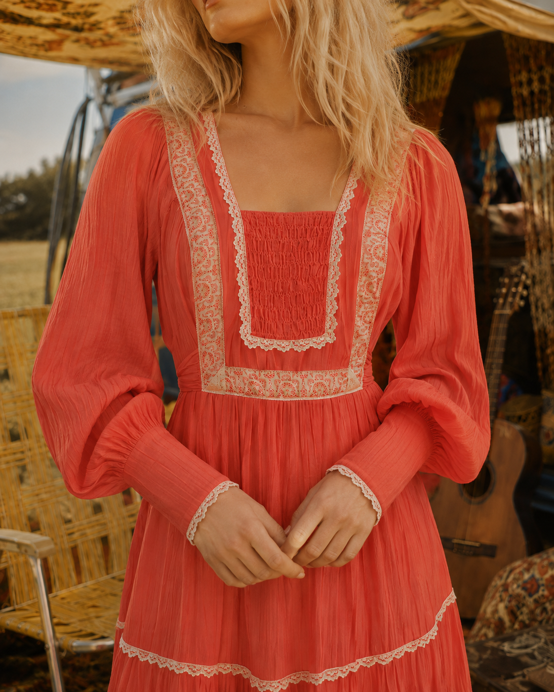 70s Gunne Sax Style Gauzy Jody T Lace Hippie Maxi Dress S