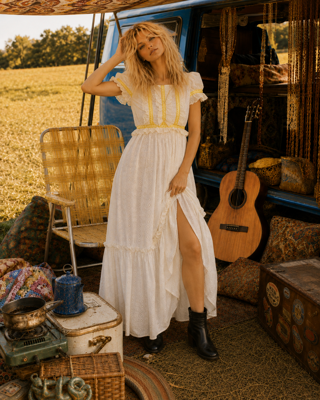 Vintage Late 60's Hippie Ruffled Lace Maxi Dress XS
