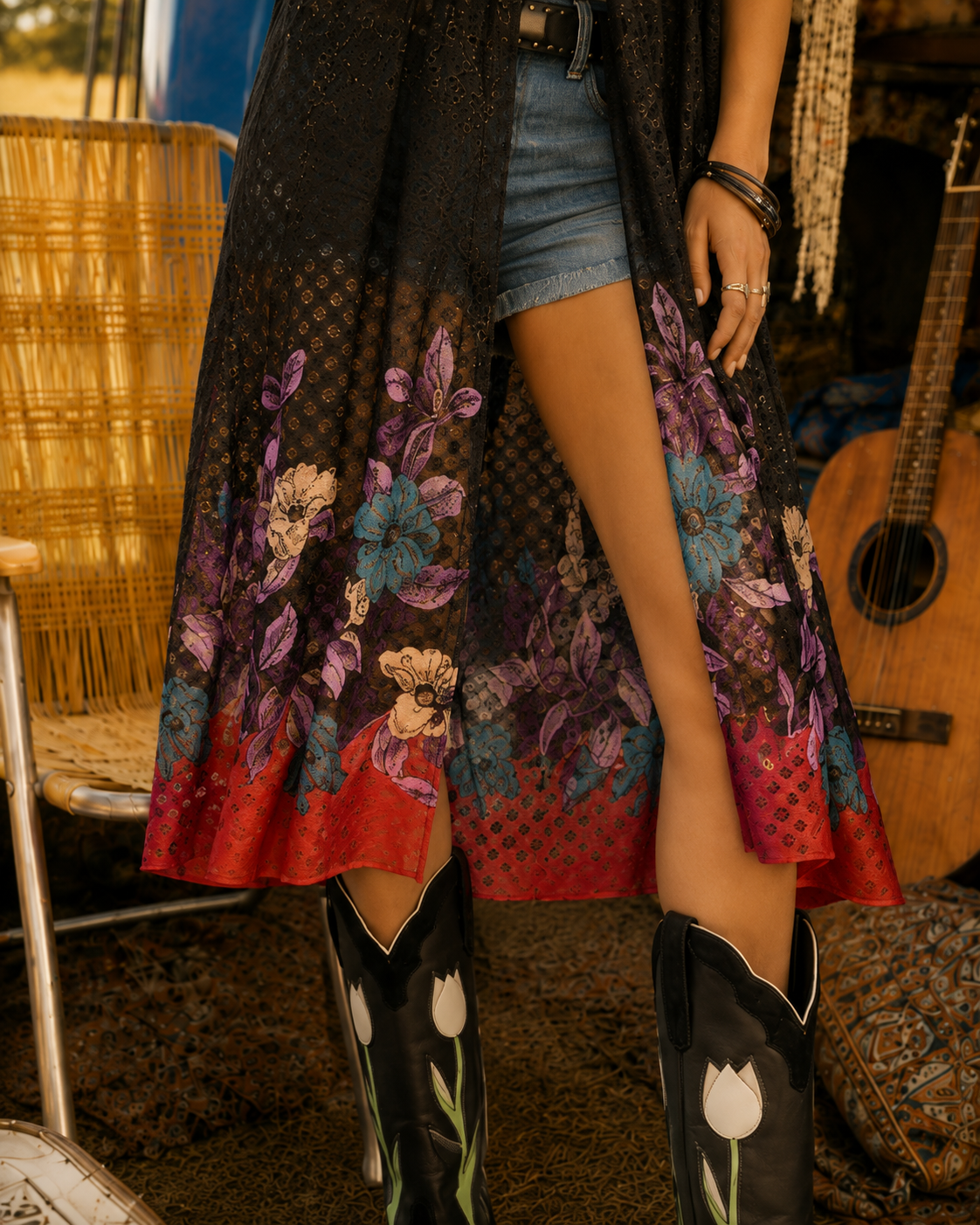 Vintage 70s Sheer Lace Border Print Floral Duster Jacket XXL