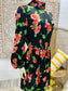 Floral Print 60s Mod Mini High Collar Black Bohemian Vintage Dress M