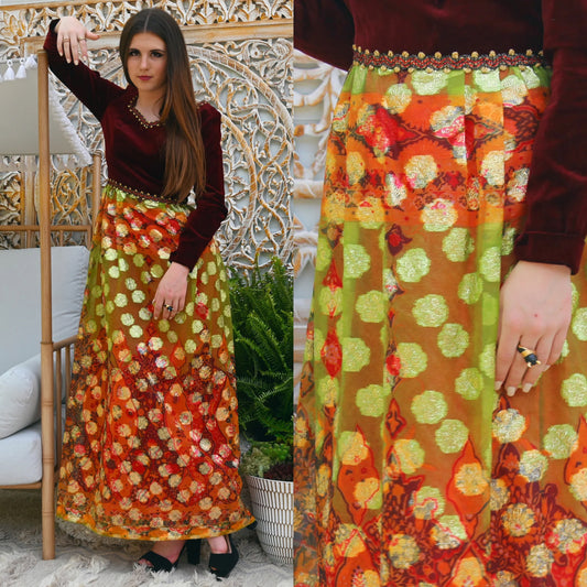 60s Vintage Moroccan Design Gold Lurex Velvet Evening Maxi Dress M