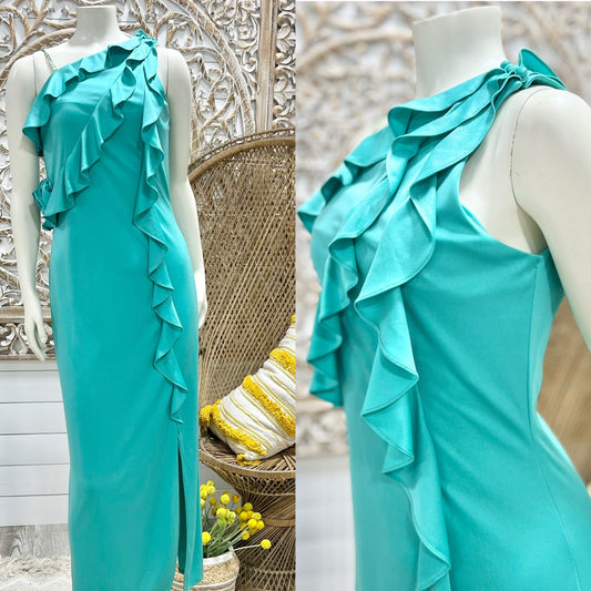 Vintage 70s Slinky Goddess Disco Joy Stevens One Shoulder Ruffle Maxi Dress S/M